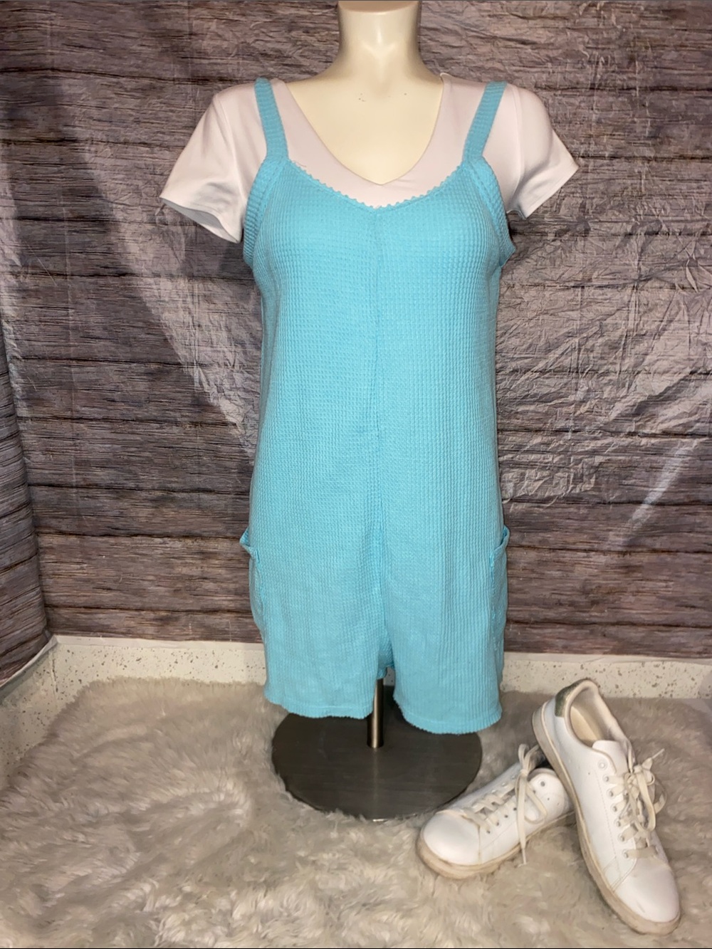 So Aqua Blue Waffle Knit Girls Romper